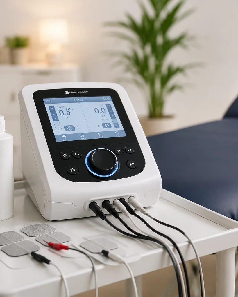 Equipo de electroterapia y camilla utilizados en los tratamientos a domicilio